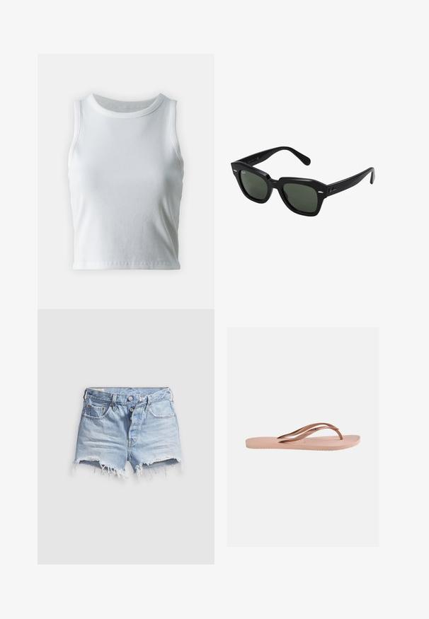 Witte geribde tanktop met een ronde halslijn en mouwloos ontwerp, voorzien van een rechte zoom en een gladde, rekbare textuur.; Lichtblauwe denim short met afgeknipte pijpen en rafelige zoom, vijf zakken en een knoopsluiting. De stof is zacht en heeft een licht versleten uitstraling.; Enkel lichtroze teenslipper met een textuurrijke zool en metalen rosegouden Y-vormige bandjes op een effen achtergrond.; Zwarte vierkante zonnebril met donker groene lenzen, uitgerust met gedurfde monturen en zilveren accenten aan de zijkanten. Gemaakt in Italië.