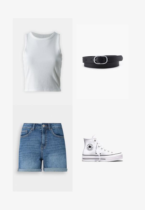 Débardeur blanc côtelé avec un décolleté rond et sans manches, présentant un ourlet droit et une texture lisse et extensible.; Short en jean bleu avec ourlets roulés, fermeture devant par bouton et fermeture éclair, passants de ceinture, poches avant et poche monnaie.; Baskets blanches montantes Converse Chuck Taylor All Star avec des rayures noires et un patch logo sur le côté, présentées sur un fond blanc uni.; Ceinture en cuir noir au toucher lisse, boucle en métal argenté de forme ovale et plusieurs trous d'ajustement le long de la sangle. Design plat et minimal.