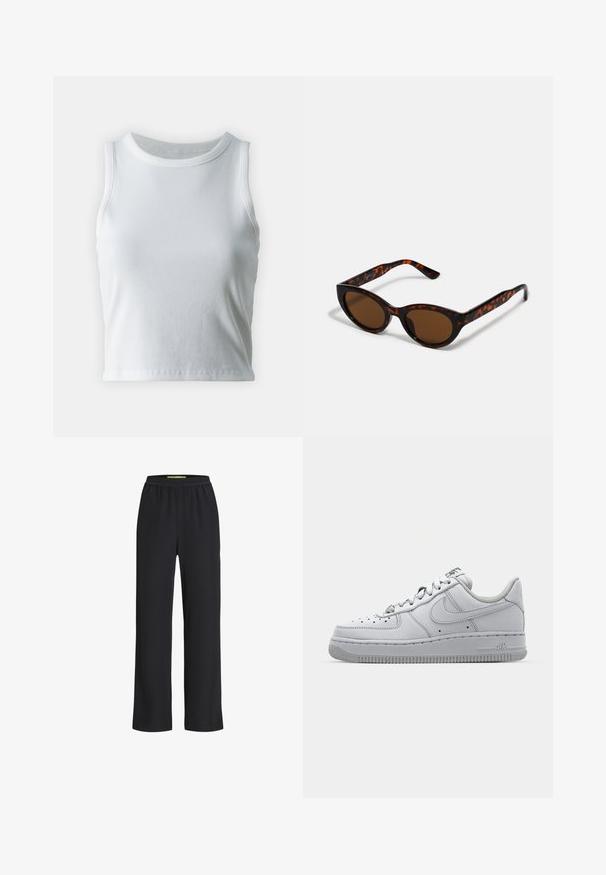 Hvid ribbet tanktop med rund halsudskæring og ærmeløs design, med en lige kant og en glat, strækbar tekstur.; Sorte bredde-ben bukser med elastisk talje, lavet af et blødt stof, der har en glat overflade og en løs pasform hele vejen ned ad benene.; Hvid lædersneaker med lavt design, rund tå, perforerede detaljer og en tekstureret gummisål. Har grå accenter på tungen.; Brune skildpadde solbriller med en vintage katteøje-form og brune linser. Har buede arme med røde detaljer.