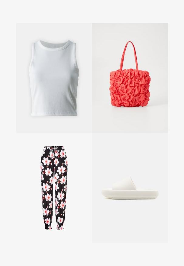 Débardeur blanc côtelé avec un décolleté rond et sans manches, présentant un ourlet droit et une texture lisse et extensible.; Pantalons en tissu noir avec un motif floral blanc et rouge, taille élastique avec cordon de serrage, et poignets froncés. Matière légère.; Sandale blanche à semelle plate avec une sangle texturée et une semelle ronde et surélevée. Le matériau semble lisse et durable avec un motif subtil.; Sac fourre-tout corail avec un design texturé et froncé. Fabriqué en tissu doux, il dispose de deux poignées robustes et d'un intérieur spacieux.