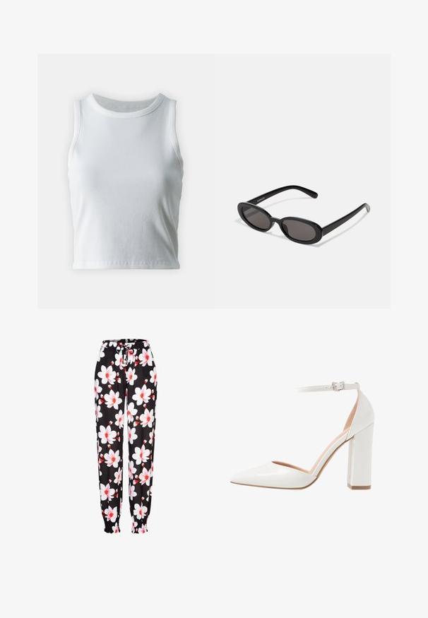 Top de tirantes blanco con textura acanalada, cuello redondo y diseño sin mangas, con un dobladillo recto y una textura suave y elástica.; Pantalones de tela negra con patrón floral en blanco y rojo, con cintura elástica y cordón ajustable, y puños fruncidos. Material ligero.; Zapato de tacón alto de charol blanco con un lado abierto, punta afilada, tira en el tobillo con hebilla y un tacón ancho.; Even&Odd by Zalando Gafas de sol - black