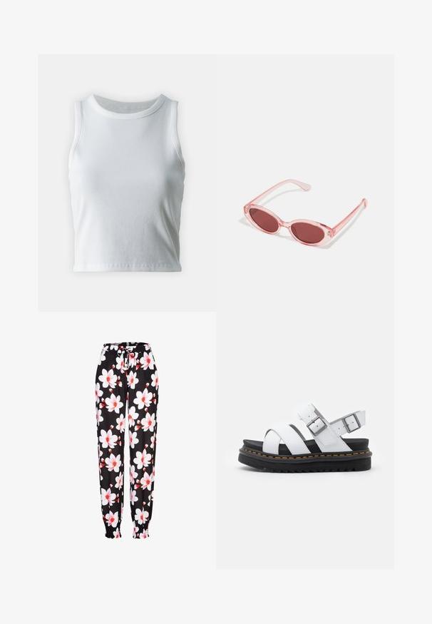 Débardeur blanc côtelé avec un décolleté rond et sans manches, présentant un ourlet droit et une texture lisse et extensible.; Pantalons en tissu noir avec un motif floral blanc et rouge, taille élastique avec cordon de serrage, et poignets froncés. Matière légère.; Sandales en cuir blanc avec des sangles réglables à boucle, semelle en noir superposée et détail de couture orange le long du bord.; Lunettes de soleil transparentes roses avec des verres ovales, teintés d'un rouge foncé, et des branches fines, présentant une finition lisse et des détails subtils sur la monture.