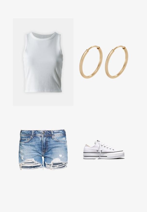 Witte geribde tanktop met een ronde halslijn en mouwloos ontwerp, voorzien van een rechte zoom en een gladde, rekbare textuur.; Lichtblauwe denim shorts met verontrustende scheuren, rafelige zoom en vijf-pocket ontwerp. Voorzien van zilveren knoop en riemlussen.; Witte lage canvas sneaker met witte veters, zwarte strepen op de zool en een rubberen, getextureerde neuskap, zijaanzicht op een witte achtergrond.; Gouden creolen met een gladde, gepolijste afwerking. Ronde vorm, middelgrote maat, met een veilige sluitmechanisme.