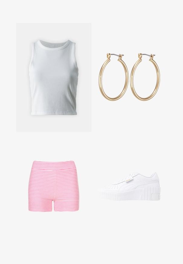 Hvid ribbet tanktop med rund halsudskæring og ærmeløs design, med en lige kant og en glat, strækbar tekstur.; Lyserøde og hvide stribede shorts lavet af blødt stof. Har et tætsiddende design og en glat talje med ingen ekstra detaljer eller hardware.; Hvide læder platform sneakers med en tekstureret gummisål, perforeret overdel for åndbarhed og et guld logo detaljeret på siden.; Guldfarvede metal hoops øreringe med et glat, cirkulært design og en sikret hængsel-lukning. Letvægts med en poleret overflade.
