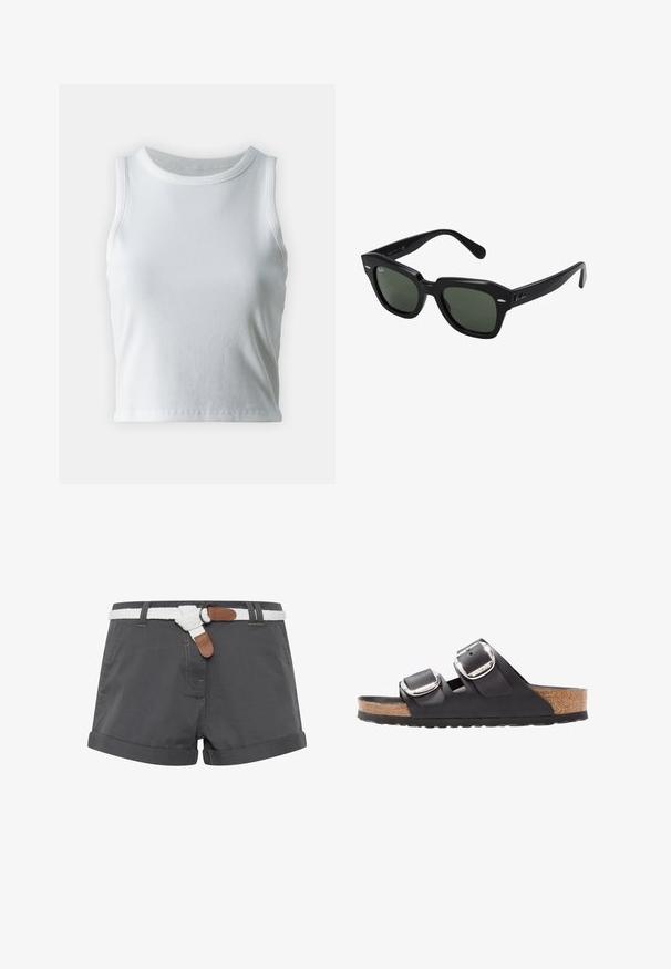 Hvid ribbet tanktop med rund halsudskæring og ærmeløs design, med en lige kant og en glat, strækbar tekstur.; Grå bomuldsshorts med opkrøllede kanter, prydet med et hvidt flettet bælte og brune læderdetaljer. Syningerne er synlige på stoffet.; Sort sandal med to justerbare remme, sølvspænder og en korksål på en struktureret sort gummisål.; Sorte firkantede solbriller med mørkegrønne linser, der har kraftige stel og sølvdetaljer på siderne. Fremstillet i Italien.