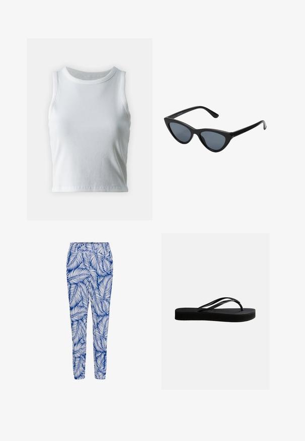 Débardeur blanc côtelé avec un décolleté rond et sans manches, présentant un ourlet droit et une texture lisse et extensible.; Pantalon bleu et blanc à motif featuring un design de feuilles, taille élastique et bas resserrés, fabriqué dans un tissu léger et respirant.; Tongs en caoutchouc noir avec semelle texturée et bride en forme de Y, vues de côté sur un fond clair uni.; Lunettes de soleil noires en forme d'œil de chat avec des verres gris foncé, monture en plastique élégante, coins pointus et branches droites. Pas de métal visible ni d'accents.