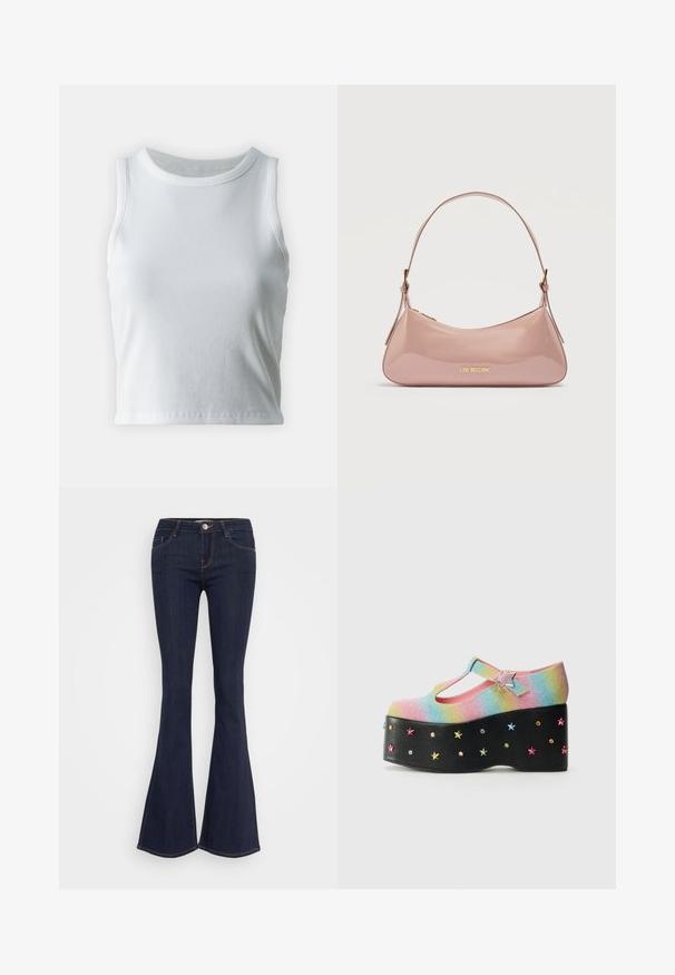 Hvid ribbet tanktop med rund halsudskæring og ærmeløs design, med en lige kant og en glat, strækbar tekstur.; Mørke denim flare jeans med en tætsiddende talje, der har en forsænket knaplukning, fem-lomme design og sømdetaljer langs benene.; Glitrende regnbue-platformsko med T-stropp, prydet med en stjernesformet spænde og multicolor stjernestuds på en sort bund.; Glansfuld lyserød skuldertaske med guld "Love Moschino" logo og en buet rem, sat mod en hvid baggrund.