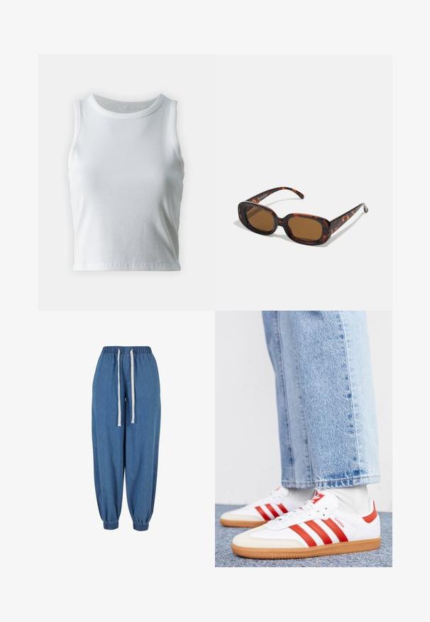 Débardeur blanc côtelé avec un décolleté rond et sans manches, présentant un ourlet droit et une texture lisse et extensible.; Pantalon de jogging en denim bleu avec taille élastique et poignets, avec des cordons blancs à la taille.; Baskets en cuir blanc avec des rayures et des accents rouges. Dotées d'une semelle extérieure en gomme texturée et d'un col rembourré. Portées avec un jean en denim bleu clair.; Lunettes de soleil en écaille de tortue avec une forme rectangulaire, verres marron, monture en plastique lisse et branches fines avec des motifs tonals subtils.