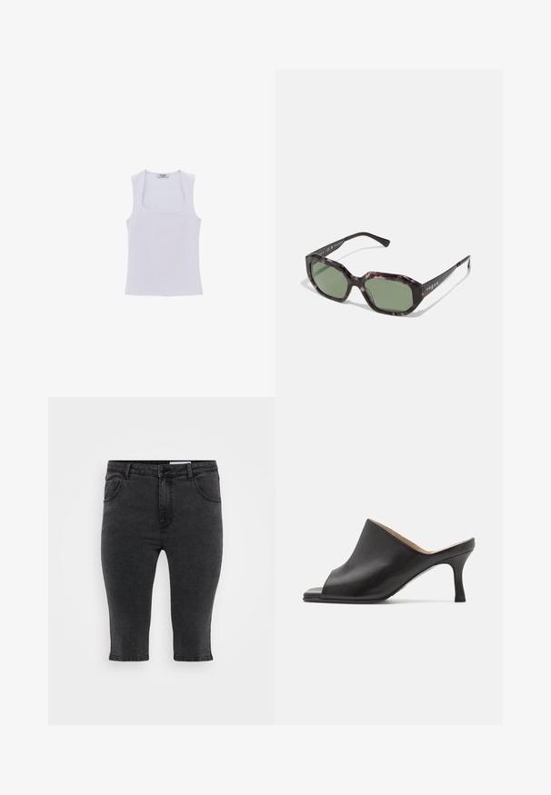 Ærmeløs hvid tanktop med en bred firkantet halsudskæring og en tætsiddende pasform. Fremstillet af glat, strækbart stof for komfortabelt brug.; Sorte denim capri-bukser med lige skæring, fem lommer og tonalt syning. Stoffet har en let tekstur og et klassisk design.; Selected ASHLEY - Mules med hæl - black; Brune skildpaddedsolbriller med polariserede grønne linser, rektangulært stel og sorte arme med ordet "vogue" i hvidt.