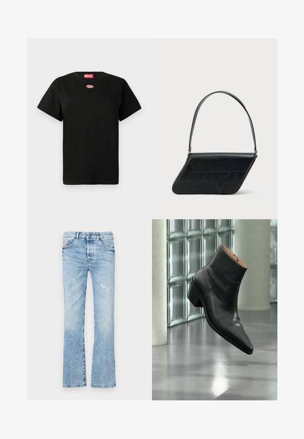 T-shirt Diesel noir à manches courtes avec un petit logo rose sur la poitrine et une étiquette Diesel rouge à l'intérieur du col.; Jeans évasés bleu clair en denim. Présentent un délavage usé, une patch distendue, cinq poches et une fermeture à bouton à la taille.; Bottine en cuir noir avec un bout pointu et un talon carré lévitant au-dessus d'un sol gris réfléchissant près d'un mur en blocs de verre.; Sac d'épaule en cuir noir de forme triangulaire, avec un logo embossé et une seule bandoulière réglable. Design minimaliste avec une texture lisse.