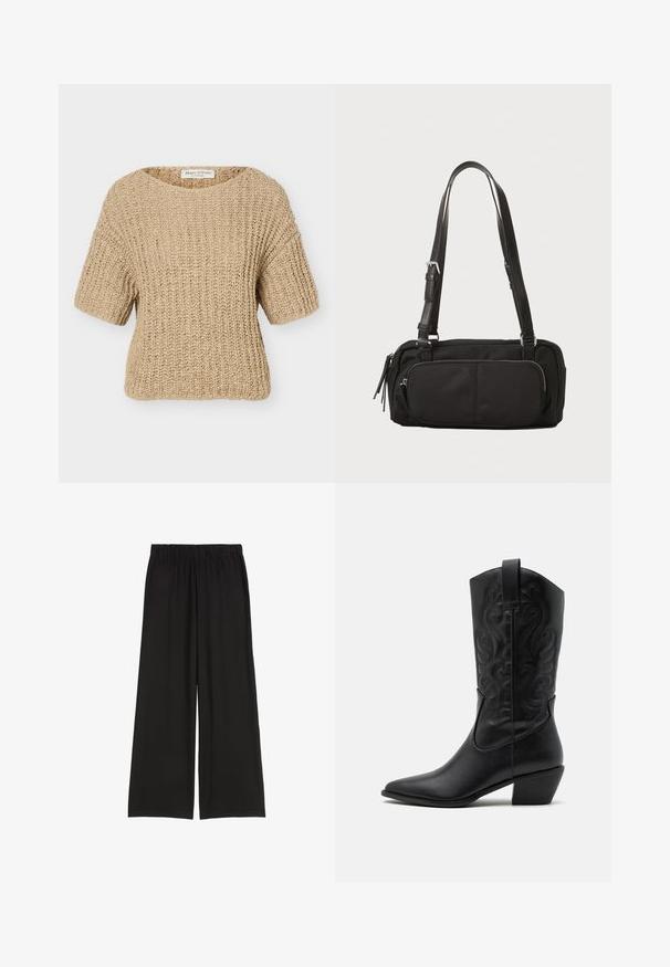 Pull beige à manches courtes en maille épaisse avec un col rond et une texture côtelée, étiqueté Marc O'Polo.; Pantalons larges noirs avec une taille élastique. Fabriqués en tissu doux, avec une texture lisse et sans motifs visibles ni quincaillerie.; Bottes de cowboy en cuir noir avec un bout pointu, des motifs en relief en spirale et un talon de hauteur moyenne. Équipées d'une languette pour un enfilage facile.; Sac noir en nylon à la forme structurée. Présente des bretelles en cuir ajustables, une poche zippée à l'avant et de subtiles accents texturés.