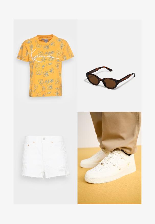 Camiseta de algodón amarilla con un diseño divertido que presenta contornos florales azules y texto, incluyendo "SÍ PUEDO" y "¿puedo?" en diversas ubicaciones.; Shorts de mezclilla blanca con dobladillo deshilachado, con parches desgastados y detalles en tono cobre. Incluye bolsillos frontales y cierre de botón.; Zapatillas de piel blanca con puntera perforada, acentos dorados y cordones planos, combinadas con pantalones beige sobre una superficie amarilla texturizada.; Gafas de sol de carey marrón con una forma vintage de ojo de gato y lentes marrones. Presentan brazos curvados con acentos rojos.