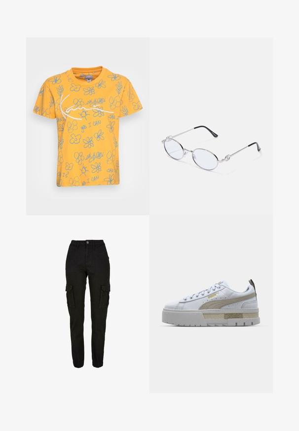 T-shirt en coton jaune avec un design ludique, comprenant des contours floraux bleus et des textes tels que "OUI, JE PEUX" et "je peux ?" placés à différents endroits.; Pantalon cargo noir taille haute, poches latérales à rabat, poches avant, passants de ceinture, fermeture à boutons et poignets élastiqués.; Baskets blanches avec une bande beige proéminente, une semelle épaisse grise et des accents dorés. Elles possèdent des lacets ronds et un rabat de langue texturé avec un logo.; Lunettes ovales en métal argenté avec verres transparents, présentant des accentuations décoratives sur les côtés et des embouts noirs sur les branches pour plus d'adhérence et de confort.