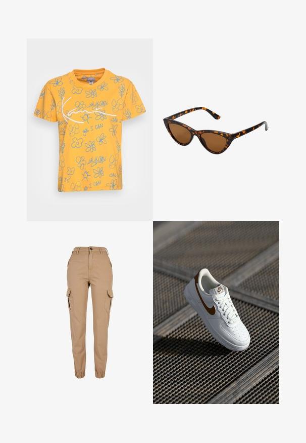 Gelbes Baumwoll-T-Shirt mit einem verspielten Design, das blaue Blumenumrisse und Text enthält, einschließlich "YES I CAN" und "kan I?" in verschiedenen Anordnungen.; Beige Cargohose mit elastischen Bündchen, vorderer Knopf- und Reißverschluss, Gürtelschlaufen, seitlichen Klappentaschen und schlankem Schnitt.; Weißer Ledersneaker mit Perforationen, braunem Nike-Swoosh und Schnürsenkeln. Verfügt über eine strukturierte Sohle und gepolsterten Kragen.; Katzenaugen-Sonnenbrille mit einem schwarz-orangenen Schildpattrahmen, braunen Gläsern und schlanken, spitzen Enden. Verfügt über ein minimalistisches Logo am Bügel.