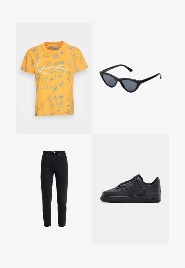 Geel katoenen T-shirt met een speelse opdruk van blauwe bloemenomtrekken en tekst, waaronder "JA IK KAN" en "kan ik?" in verschillende posities.; High-waist zwarte spijkerbroek met voorste knoop en rits, twee voorzakken en taps toelopende pijpen op een witte achtergrond.; Zwarte leren sneakers met geperforeerde neus, platte veters en rubberen zool. Voorzien van een klein logo aan de zijkant en gestructureerde details.; Zwarte cat-eye zonnebril met donkergrijze lenzen, slank plastic frame, puntige hoeken en rechte pootjes. Geen zichtbare hardware of accenten.