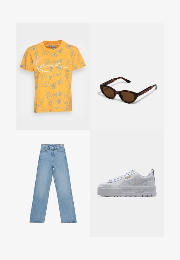 Geel katoenen T-shirt met een speelse opdruk van blauwe bloemenomtrekken en tekst, waaronder "JA IK KAN" en "kan ik?" in verschillende posities.; Lichtblauwe denim jeans met een hoge taille, rechte pijpen, voorzien van vijf zakken en een knoopsluiting. Geen zichtbare patronen.; Witte platform sneakers met een leren bovenwerk, gevoerde kraag, grijze rubberen zool en gouden accenten met het Puma-logo.; Bruine schildpad zonnebril met een vintage cat-eye vorm en bruine lenzen. Heeft gebogen armen met rode accenten.