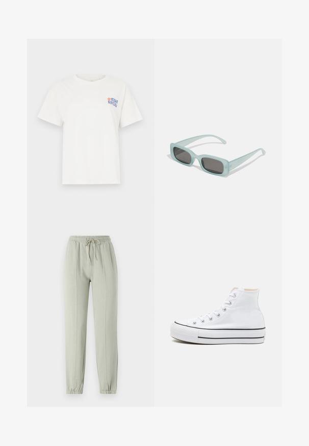 Hvid bomulds-T-shirt med et blåt og orange grafisk tekstdesign på venstre brystområde. Klassiske korte ærmer og rund halsudskæring.; Lys grønne sweatpants med elastisk talje, justerbar snøre og tapered manchetter. Har vertikale sømdetaljer langs fronten.; Hvide høj-top sneakers lavet af kanvasmateriale, sort gummisål og kontrasterende sort stribe på mellemsålen. Rund tåhætte og snørebåndsdesign.; Et par rektangulære solbriller med lyseblå gennemsigtige stel og mørkegrå linser, der har lige templer og minimale hardware detaljer.