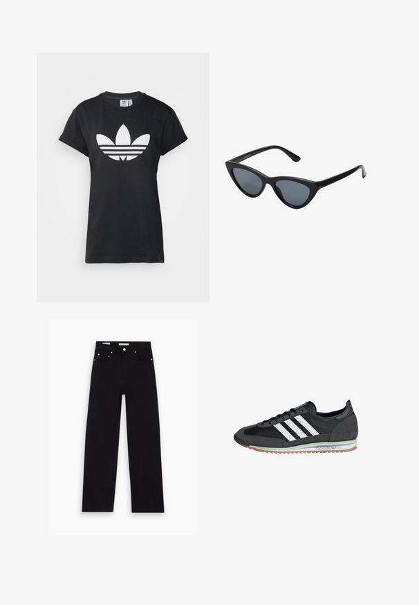 Čierne bavlnené tričko s krátkymi rukávmi a veľkým bielym logom Adidas Trefoil s tromi horizontálnymi pruhmi pod ním.; Čierne denimy s rovnými nohavicami, piatimi vreckami, medenými doplnkami a hladkou textúrou. Dva štítky viditeľné na páse.; Čierne a šedé tenisky s vrchom z semišu a sieťoviny, so všetkými tromi bielymi pruhmi, gumovou podrážkou a zeleným akcentom na medzipodrážke.; Čierne slnečné okuliare v štýle mačacích očí s tmavošedými sklami, elegantným plastovým rámom, špicatými rohmi a rovnými stranami. Bez viditeľného hardvéru alebo akcentov.