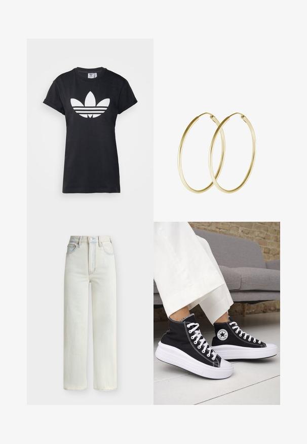 T-shirt en coton noir avec des manches courtes retournées et un grand logo Adidas Trefoil blanc avec trois rayures horizontales en dessous.; Jean en denim bleu clair à taille haute avec jambe droite, boutons à l'avant, fermeture éclair et cinq poches.; Baskets montantes noires avec semelles et lacets en caoutchouc blanc. Dotées d'un patch logo rond et de surpiqûres blanches contrastantes. Matière en toile.; Boucles d'oreilles en or en forme de cerceau, présentant un design lisse et rond avec une finition brillante. Construction légère avec un fermoir sécurisé.