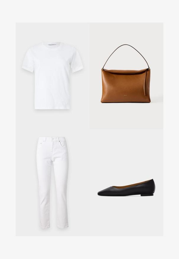 Ren hvid kortærmet rundhalset t-shirt lagt fladt på en lys baggrund, der viser forfra med et lille synligt mærkelabel inde i kraven.; Hvide denimjeans med lige ben, fem-lomme design og metalknaplukning, der har en glat tekstur og minimal syning.; Sort læder flad sko med spids tå, lav hæl og glat finish, vist fra siden på en lysegrå baggrund.; Rektangulær skuldertaske i lysebrunt læder med en enkelt strop og en toplynlås mod en ensfarvet hvid baggrund.