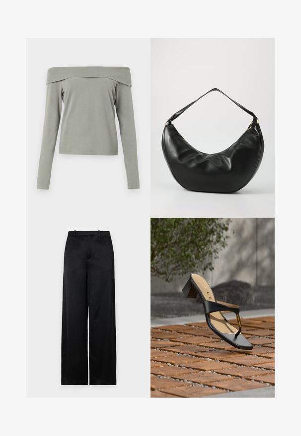 Top de manga larga con los hombros al descubierto en tela de color verde claro. Textura suave con un corte relajado y un detalle de costura mínima en el dobladillo y las mangas.; Pantalones de pierna ancha negros, hechos de una tela ligera y texturizada. Presentan una cinturilla lisa con trabillas para el cinturón y una silueta recta y fluida.; Sandalia negra de tacón con lazo para el dedo y acento dorado, colocada sobre una superficie pavimentada de madera y piedra al aire libre cerca de vegetación.; Bolso de hombro de cuero negro con una forma curva, textura suave y una sola correa; cuenta con un zipper dorado y un branding sutil.