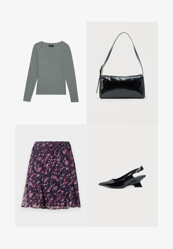 Even&Odd by Zalando Camiseta de manga larga - balsam green; Falda marina con cintura elástica, que presenta un patrón abstracto de flores en tonos rosa y púrpura, y un dobladillo ligeramente acampanado.; Zapato slingback de cuero charol negro con puntera puntiaguda y tacón bajo en bloque inclinado sobre fondo claro liso.; Bolso de hombro rectangular negro con una correa ajustable y un cierre de cremallera superior sobre un fondo liso.
