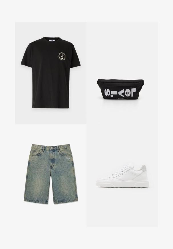 Vertere Berlin PRODUCT UNISEX - Camiseta estampada - black; Pantalones cortos de mezclilla azul claro con un acabado desteñido, bolsillos delanteros, trabillas para cinturón, cierre de botón y logotipo "PEGADOR" en el bolsillo delantero derecho.; Zapatillas de cuero blanca con un acabado suave, punta redondeada, cordones planos y una suela texturada. Acento de ante gris en el talón.; Bolsa de tela negra con forma plana, que presenta texto blanco en negrita. El cierre de cremallera se encuentra en la parte superior, con un detalle de asa en un lado.