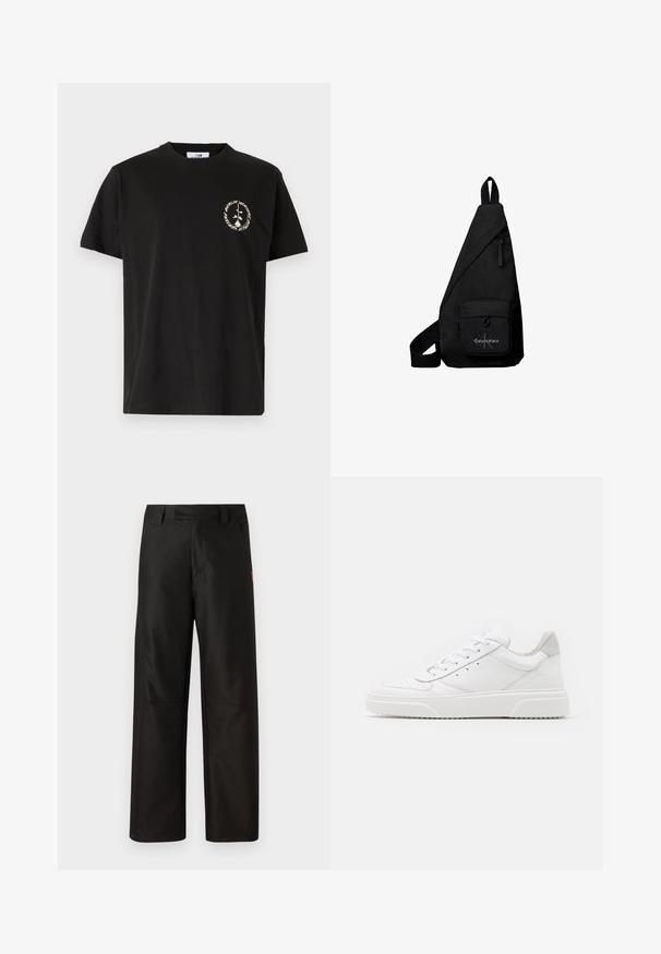 Vertere Berlin PRODUCT UNISEX - T-shirts print - black; Sorte bukser med bred benvidde lavet af glat stof, med flad front, bæltestropper og to sidelommer. Rød logoaccent på siden.; Hvide lædersneakers med en glat finish, rund tå, flade snørebånd og en struktureret sål. Grå ruskindsdetalje ved hælen.; Sort trekantet crossbodytaske med frontlomme med lynlås med Calvin Klein-logo og justerbar rem.