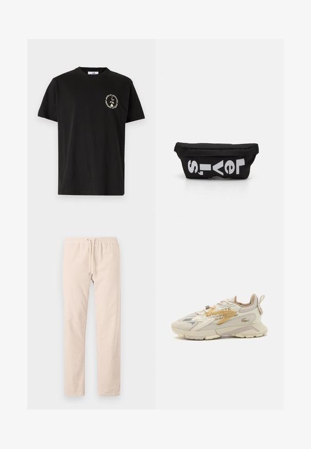 Vertere Berlin PRODUCT UNISEX - Camiseta estampada - black; Pantalones beige claro hechos de una tela suave, con una cintura elástica y cordón ajustable, y piernas rectas. Textura suave, sin patrones.; Zapatilla de color crema con parte superior texturizada, diseño de cordones y un detalle distintivo del logo. Presenta una suela gruesa y acentos en contraste en color marrón.; Bolsa de tela negra con forma plana, que presenta texto blanco en negrita. El cierre de cremallera se encuentra en la parte superior, con un detalle de asa en un lado.