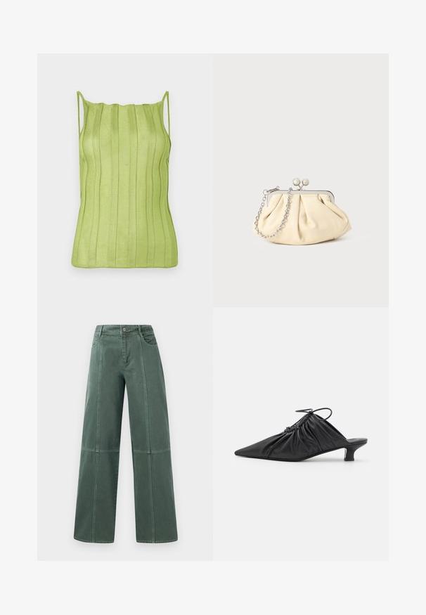 Débardeur vert à côtes avec des bretelles spaghetti et un décolleté ondulé, fabriqué dans un tissu lisse et extensible. Sans motifs ni embellissements.; Pantalons larges en denim vert foncé, avec des coutures surpiquées, cinq poches et une fermeture à bouton à la taille. Texture lisse et design décontracté.; Mules noirs en cuir à enfiler avec un bout pointu, une texture froncée et un petit talon aiguille. Présente un détail à cordon au niveau de l'ouverture.; Pochette en cuir beige plissé avec un cadre en métal argenté, dotée de deux fermoirs ronds décoratifs et d'une chaîne en argent.