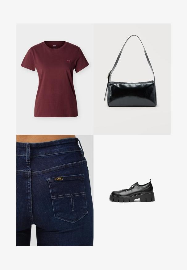 Kortærmet crewneck T-shirt i mørk bordeaux med lille rød Levi's-logo på venstre bryst mod en lysegrå baggrund.; Mørkeblå denimjeans med en standard baglomme. Har syningsdetaljer og en lille gul label med mærket "Lois."; Sorte læder snørebåndssko med rund tå, kraftig platåsål og dekorativ syning langs kanten.; Sort rektangulær skuldertaske med en enkelt justerbar rem og lynlås i toppen på en ensfarvet baggrund.