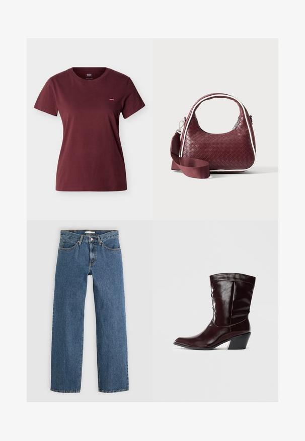 Kortærmet crewneck T-shirt i mørk bordeaux med lille rød Levi's-logo på venstre bryst mod en lysegrå baggrund.; Blå denim jeans med lige pasform, der har fem lommer, knaplukning og kontrastsyninger langs sømmene.; Bordeaux læder ankelstøvler med spids tå, tekstureret overflade og en lav, taperet hæl. Har diskrete søm og en tætsiddende pasform.; Mørkerød vævet lædertaske med buet hank, hvid kant, sølv lynlås og aftagelig bred stofskulderrem mod en ensfarvet baggrund.