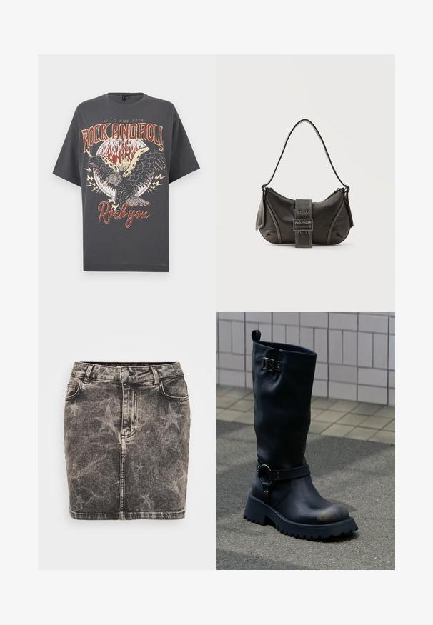 Camiseta gris oscuro con círculo en llamas, gráfico de águila voladora y texto "Wild and Free Rock and Roll Rock you" en estilo vintage.; Minifalda de mezclilla en negro con un patrón de estrellas desvanecido. Presenta una cintura alta, cinco bolsillos y costuras en contraste. Cierre clásico de botón.; Bota negra de cuero hasta la mitad de la pantorrilla con suela gruesa, hebilla metálica cerca de la parte superior y una correa con detalle de anilla sobre el tobillo, sobre una superficie pavimentada.; Bolso de hombro de cuero negro con detalle de correa con hebilla, bordes curvos y costuras blancas en contraste sobre un fondo liso.