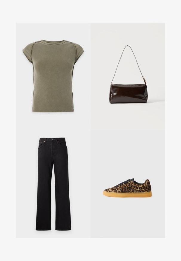 Top met korte mouwen, olijfgroen, geribd gebreid, met ronde hals en licht gestructureerde schouders op een effen lichte achtergrond.; Zwart denim jeans met hoge taille en flared pijpen, voorzien van zichtbare stiksels, een vijf-pocket ontwerp en accenten in koperkleurig metaal.; Schoenen met luipaardprint, vervaardigd uit een gestructureerde stof bovenkant en zwarte veters. Voorzien van een gele rubberen zool en contrasterend zwart interieur.; Donkerbruine rechthoekige leren schoudertas met een enkele dunne band en goudkleurige gesp op een effen achtergrond.