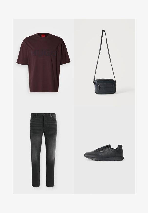 T-shirt oversize bordeaux avec col rond et manches courtes, arborant un logo "HUGO" foncé mat sur le devant.; Jean skinny noir avec des détails délavés, style cinq poches et fermeture par bouton à la taille.; Baskets basses noires avec fermeture à lacets, détails texturés et logo "HUGO" sur le côté, présentées de profil sur fond blanc.; Sac bandoulière noir avec une poche zippée à l'avant, surface texturée et bandoulière réglable suspendu sur un fond clair uni.