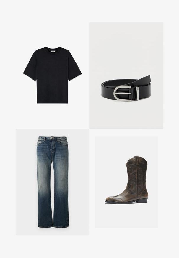 Sort kortærmet T-shirt lavet af blød bomuld, med rund halsudskæring og en afslappet pasform. Glat tekstur uden synlige mønstre eller accenter.; Mørkeblå vide denimjeans. Har en falmet detalje, traditionelt fem-lomme design og en metal knaplukning i taljen.; Brune læder cowboystøvle med en høj skaft, spids tå, intrikate syning mønstre og en lille hæl. Struktureret finish hele vejen igennem.; Sort læderbælte med en glat overflade, der har en sølvmetalklausul og en klassisk rektangulær form.