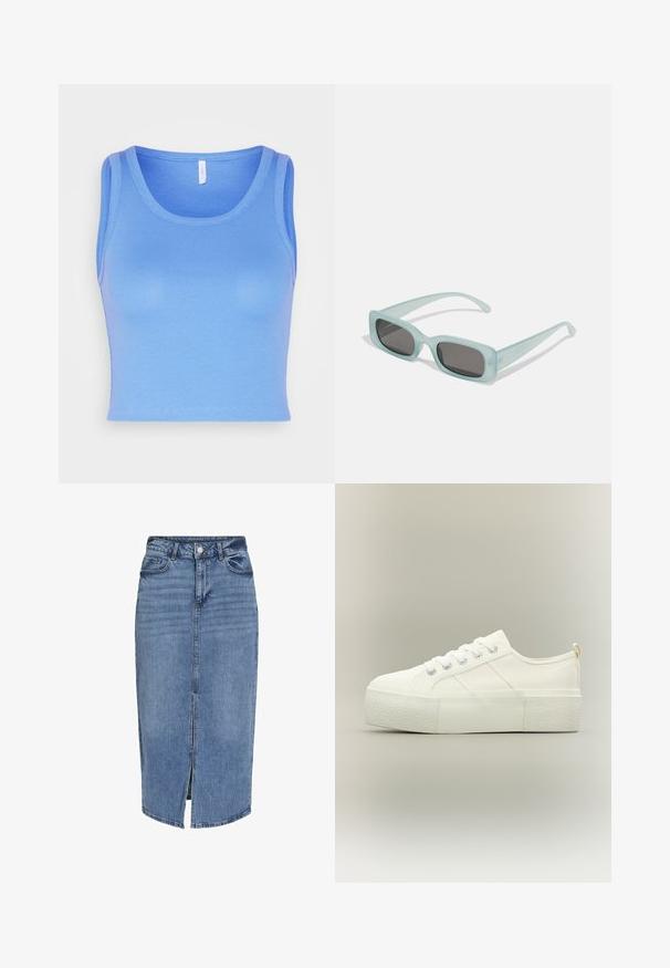 ONLY ONLKENYA CROPPED - Μπλούζα - ultramarine; Τζιν μίντι φούστα σε ανοιχτό μπλε με μπροστινό σκισίμα, πέντε τσέπες, θηλιά ζώνης και κουμπί κλεισίματος στη μέση. Κλασική εφαρμογή και υφή.; Λευκό sneaker με πλατφόρμα και παχιά υφή στη σόλα, δέσιμο μπροστά και διακριτικές ραφές σε ουδέτερο φόντο.; Ενα ζευγάρι ορθογώνια γυαλιά ηλίου με ανοιχτό μπλε ημιδιαφανείς σκελετούς και σκούρους γκρι φακούς, διαθέτοντας ίσιες βραχίονες και ελάχιστες λεπτομέρειες υλικών.