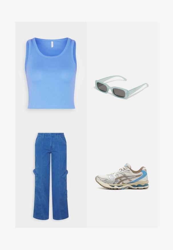 ONLY ONLKENYA CROPPED - Top - ultramarine; BDG Urban Outfitters Pantalones cargo - bright blue; Zapatilla de running blanca y beige con detalles azules, parte superior de malla, suela acolchada y diseño con cordones, mostrada desde el lado exterior.; Un par de gafas de sol rectangulares con montura translucida azul clara y lentes gris oscuro, que cuentan con patillas rectas y detalles de hardware mínimos.