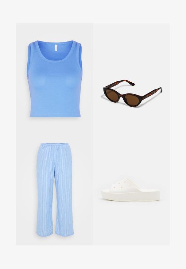 ONLY ONLKENYA CROPPED - Top - ultramarine; Svetlomodré pruhované nohavice vyrobené z mäkkej tkaniny, s elastickým pásom, šnúrkou na sťahovanie a širokými, skrátenými nohavicami.; Biele šľapky na slip-on vyrobené z gumovitého materiálu, s ventilačnými otvormi a masívnou, textúrovanou podrážkou pre lepšiu priľnavosť.; Hnedé slnečné okuliare v štýle tortoiseshell s vintage cat-eye tvarom a hnedými sklami. Majú zakrivené ramienka s červenými akcentmi.