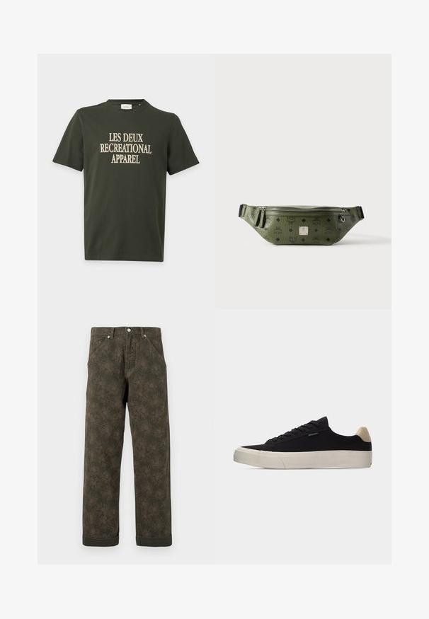 Mørkegrøn kortærmet T-shirt med beige tekst "LES DEUX RECREATIONAL APPAREL" centreret foran.; Mørkegrønne bukser med subtil blomsterprint, frontknap, lommer og opsmøgede kanter.; Sort lavsko med beige hælkappe, tyk hvid gummisål, sorte snørebånd og lille "PS Paul Smith" mærke på siden.; Olivengrøn tekstureret læder talletaske med sorte logoer, sølv lynlås, dobbelt lynlåstræk og central sølv brandplade.