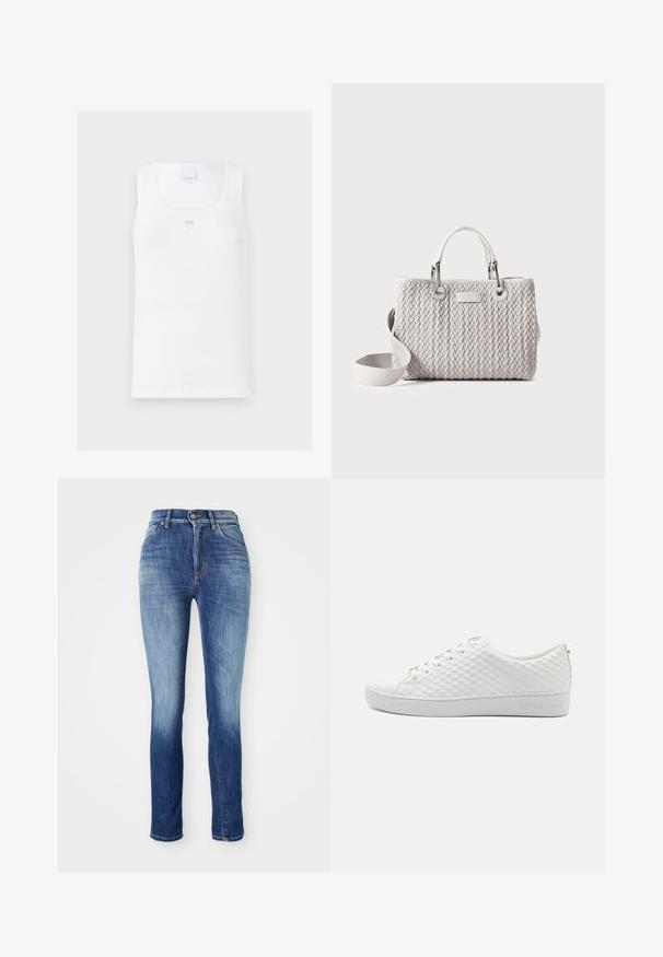 Hvid ribbet tanktop med firkantet halsudskæring, tynde stropper og et lille broderet logo på brystet. Blødt bomuldsstof.; Skræddersyede jeans i mellemblå denim, med en falmet effekt, fem lomme-design, bæltesløjfer og en metalknaplukning.; Hvide sneakers med et struktureret mesh-design, flad sål, rund tå og snørebånd foran. Mærkenavnet prentet på siden og guld accenter.; Vævet stof håndtaske, lys grå farve, rektangulær form, dobbelte hanke på toppen, justerbar skulderrem, mærket metalplade foran.