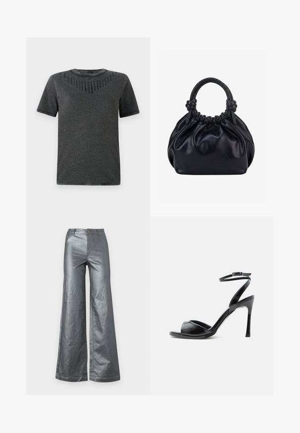 T-shirt gris à manches courtes avec un design texturé et des embellissements noirs sur la poitrine. Fabriqué en tissu doux, coupe décontractée.; Pantalons à jambes larges en tissu métallique argenté brillant. Comprend des poches avant, une fermeture à bouton et des ourlets droits. Texture lisse et design épuré.; Sandale noire à talon haut avec bout ouvert, talon stiletto fin et bride de cheville avec boucle sur fond blanc.; Sac à main en cuir noir souple avec le dessus froncé et deux grosses poignées nouées sur un fond uni clair.