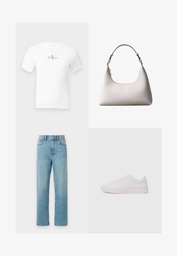 T-shirt blanc à manches courtes et col rond avec petit logo "CK Calvin Klein Jeans" centré en noir et gris sur la poitrine.; Jean en denim bleu clair avec une coupe droite, un design à cinq poches et une fermeture à boutons. Présente un léger effet délavé et un ourlet standard.; Baskets blanches avec un dessus en cuir lisse, bout rond et semelle en caoutchouc plate. Présente un système de laçage et un logo discret sur le côté.; Sac à bandoulière en cuir couleur crème de Calvin Klein avec bord supérieur incurvé, fermeture éclair argentée et sangle ajustable brun foncé.