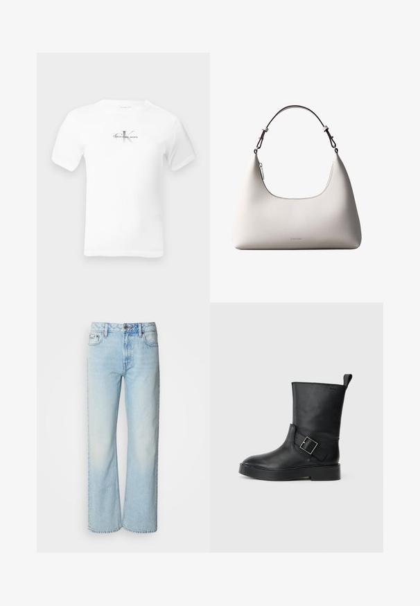 Hvid T-shirt med korte ærmer og rund halsudskæring med et lille centreret "CK Calvin Klein Jeans"-logo i sort og grå på brystet.; Lyseblå brede jeans lavet af denim med et klassisk fem-lomme design og en subtil falmet tekstur. Denim-syninger er synlige.; Sort læder ankelstøvle med rund tå, flad sål og en sølv spænde accent på siden. Har en løkke bagpå til nem påtagning.; Cremefarvet skuldertaske i læder fra Calvin Klein med buet topkant, sølvfarvet lynlås og mørkebrun justerbar rem.