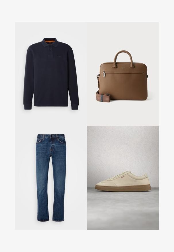 Mørkeblå langærmet polo skjorte lavet af tekstureret stof med en knaplukning ved halsen. Har et lille broderet logo på brystet.; Mænds blå denim jeans med lige ben design, standard talje, fem-lomme stil og subtilt slid langs lårene.; Lyse beige ruskindssneaker med gummisål i farven gum, tydelige snørebånd og fine syningsdetaljer. Ren design med et minimalistisk æstetisk udtryk.; Brun lædermappe med top håndtag, lomme foran med lynlås og aftagelig matchende skulderrem på hvid baggrund.