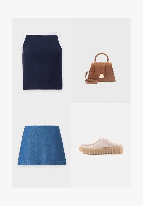 Débardeur à côtes bleu marine avec bord blanc, doté d'un col rond et de bretelles fines. Fabriqué en mélange de coton doux pour le confort.; Jupe mini en denim d'un bleu moyen, avec une forme A classique, un ourlet propre et sans embellissements ni motifs visibles.; Baskets à enfiler beige clair avec une doublure moelleuse, un embout rond et une semelle en caoutchouc beige striée. Matériau supérieur lisse et détail de couture subtil.; Sac à main en cuir marron avec rabat plissé, fermeture à boucle dorée, poignée arrondie sur le dessus et bandoulière amovible sur fond blanc.