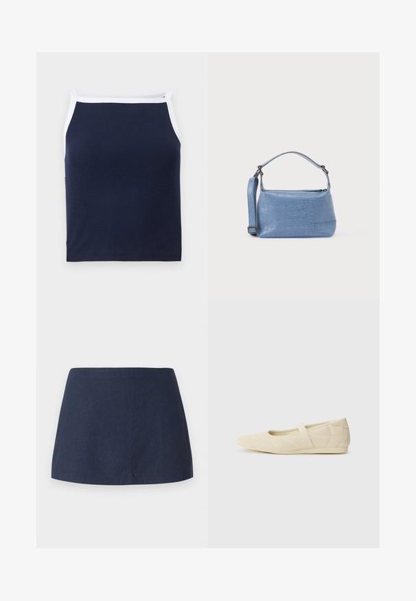 Navy geribbelde tanktop met witte afwerking, voorzien van een ronde halslijn en smalle bandjes. Gemaakt van een zachte katoenmix voor extra comfort.; Donkerblauwe, korte A-lijn rok van een gestructureerde, lichte stof met een soepele tailleband en zonder patronen of versieringen.; Beige ballerina's met een gladde leren buitenkant, amandelvormige punt en elastische band over de wreef, met subtiele stiksels.; Lichtblauwe handtas met krokodillenprint, voorzien van een korte handgreep en een afneembare schouderriem. Gladde textuur met een ritssluiting.