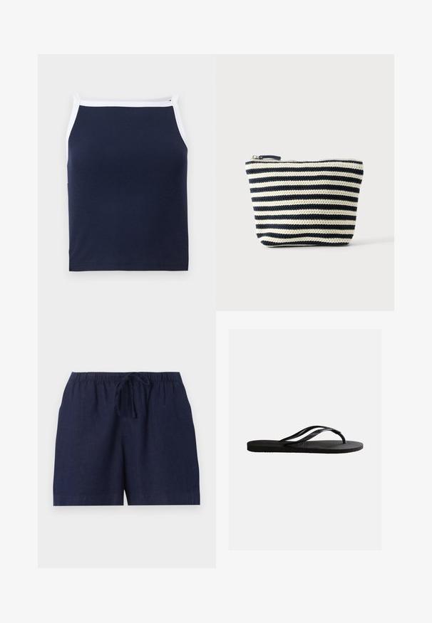 Débardeur à côtes bleu marine avec bord blanc, doté d'un col rond et de bretelles fines. Fabriqué en mélange de coton doux pour le confort.; Shorts décontractés bleu marine avec taille élastique et cordon réglable, fabriqués en tissu léger.; Sandale tong en caoutchouc noir avec semelle texturée et fines brides en Y sur un fond blanc uni.; Petite pochette zippée avec des rayures horizontales noires et blanches en tricot, fond plat et tirette de fermeture éclair visible en haut.