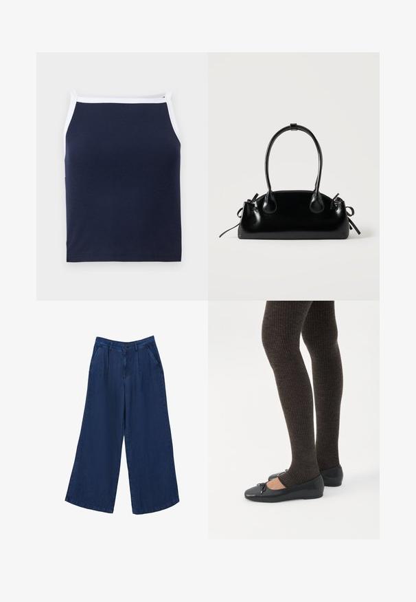 Navy geribbelde tanktop met witte afwerking, voorzien van een ronde halslijn en smalle bandjes. Gemaakt van een zachte katoenmix voor extra comfort.; Brede denim broeken in donkerblauw. Kenmerken zijn twee voorzakken, een knoopsluiting en een gladde textuur met een lichtgewicht stof.; Benen met donkere geribbelde leggings gecombineerd met zwarte ballerina's met kleine strikdetails op een witte achtergrond.; Kleine zwarte glanzende handtas met twee lange hengsels en zijkant trekkoord details op een effen lichte achtergrond.