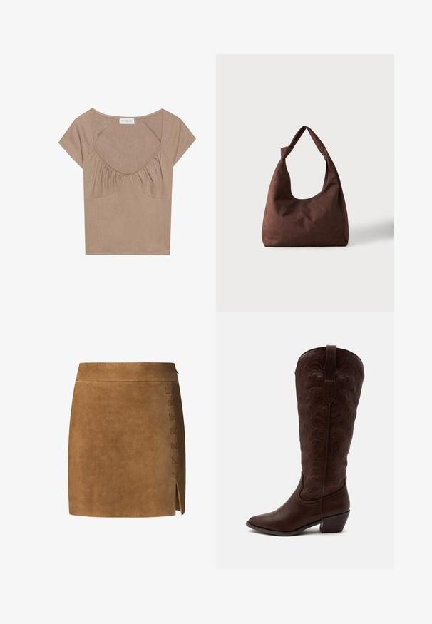 Crop top marron à côtes, avec un large col en scoop, des manches courtes et des détails froncés sous la poitrine. Texture douce avec un léger éclat.; Jupe mini en suède marron avec une coupe droite, dotée d'un détail lacé sur le côté gauche et d'une petite fente au bas.; Botte de cowboy haute en cuir marron avec des coutures détaillées, un bout pointu et un talon bloc sur un fond clair uni.; Sac à main en tissu marron texturé avec une seule anse nouée, présenté sur un fond clair uni.